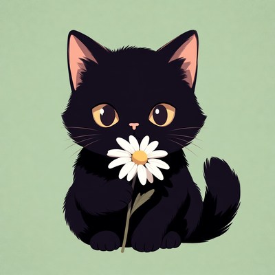 Cute black kitten holding daisy