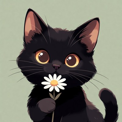 Cute black kitten holding daisy