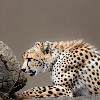 Cheetah sitting by rock