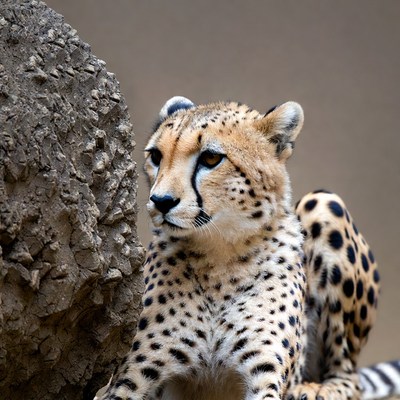 Cheetah sitting by rock