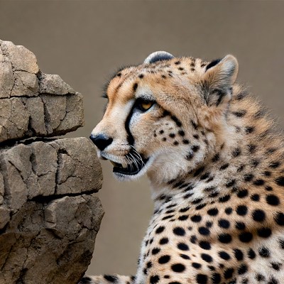 Cheetah roaring near rock