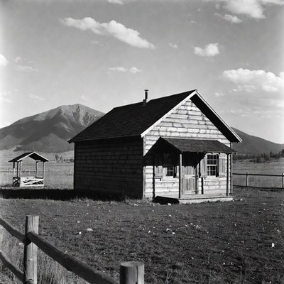 Log Cabin Mountainside Black and White