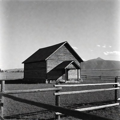 Log Cabin with Mountains Background