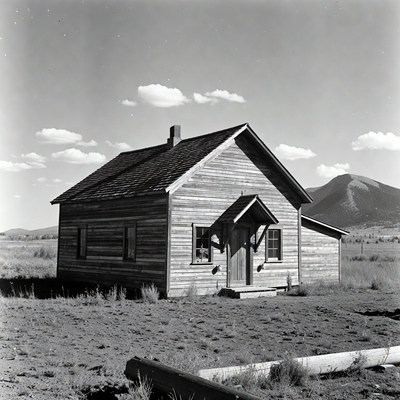 Old wooden cabin with mountain backdrop