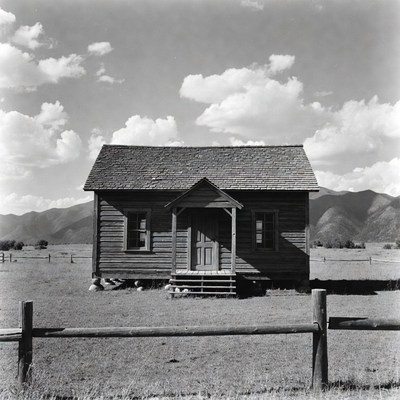 Old wooden cabin in mountain valley