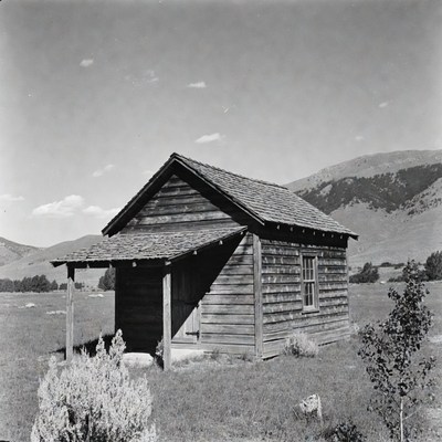 Old wooden cabin in mountain valley
