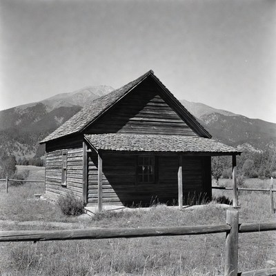 Old wooden cabin with mountains
