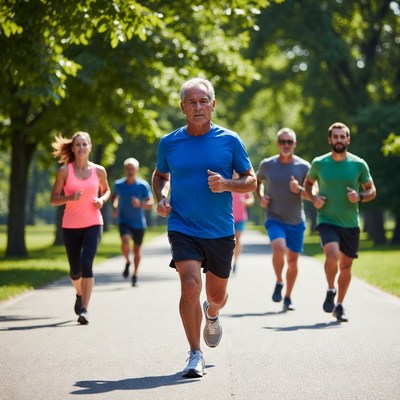 Group of runners jogging on park path