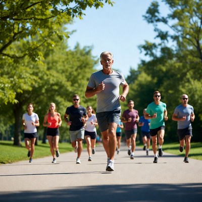 Group of runners jogging on park path