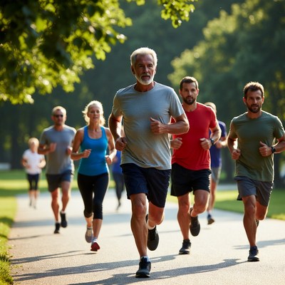 Group of runners jogging on park path