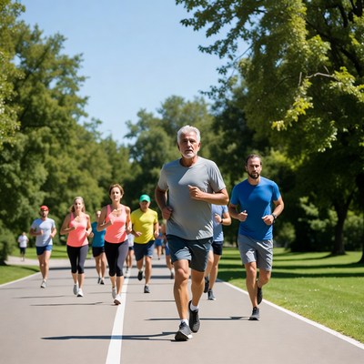 Group of runners jogging on tree-lined path
