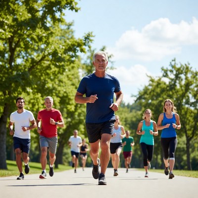Group of runners jogging on park path