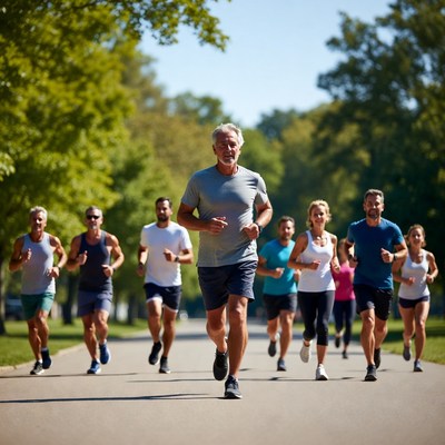 Group of runners jogging on tree-lined path