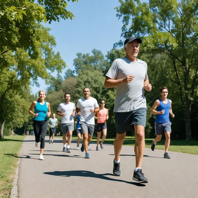 Group of runners jogging on park path