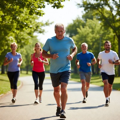 Group jogging on tree-lined path