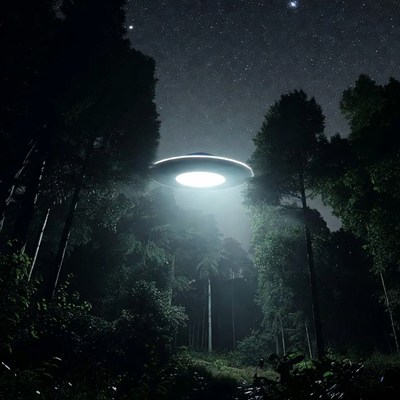 UFO hovering over dark forest