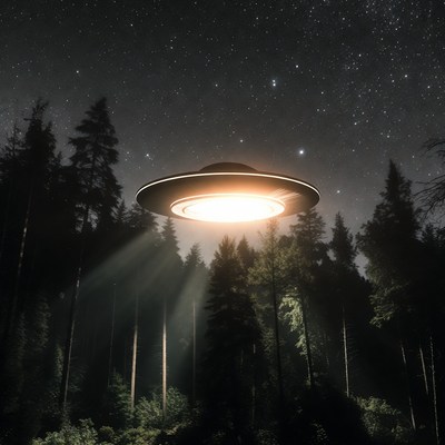 UFO hovering over starry forest