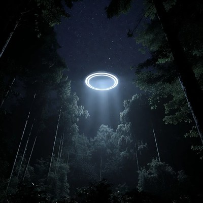 UFO hovering over dark forest