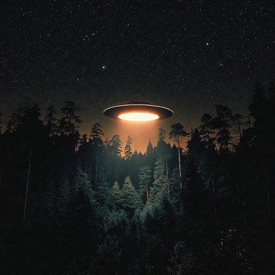 UFO hovering over dark pine forest
