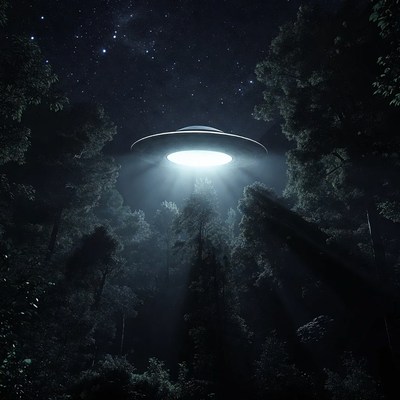 UFO hovering over forest at night
