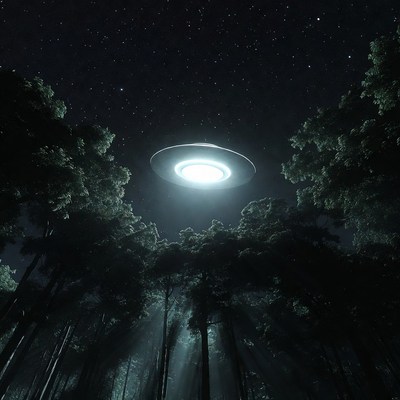 UFO hovering over dark forest
