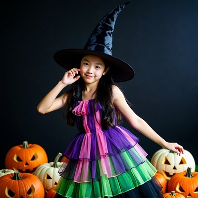 Asian girl in witch costume with pumpkins