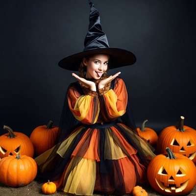 Young woman in witch costume with pumpkins