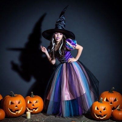 Girl in Witch Costume with Pumpkins
