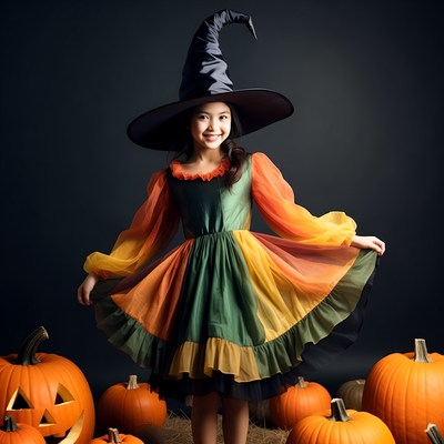 Asian girl in witch costume with pumpkins