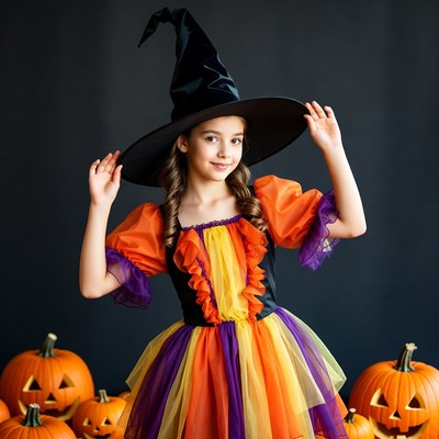 Girl in colorful witch costume with pumpkins