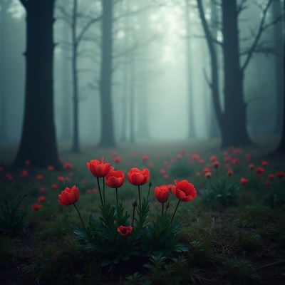 Red Tulips in Foggy Forest