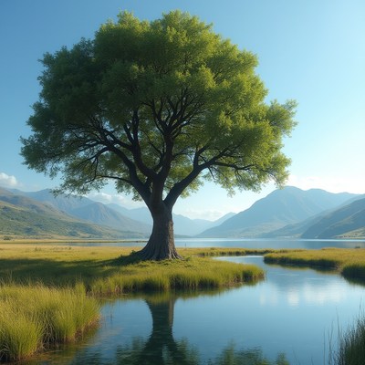 Majestic Green Tree by Mountain Lake