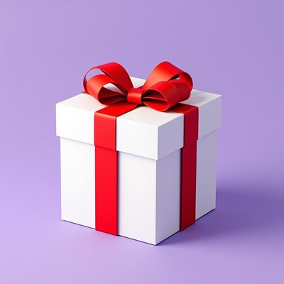 White gift box with red ribbon