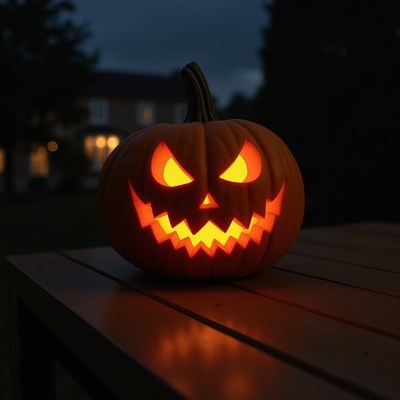 Lit Jack-o-Lantern on porch table