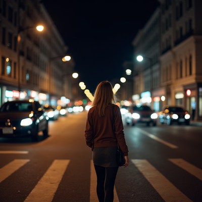 Blonde woman crossing street at night