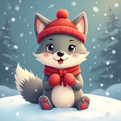 Cute Fox Wearing Red Winter Hat