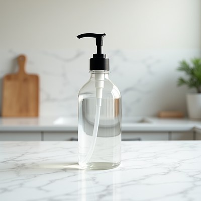 Clear liquid soap dispenser on counter