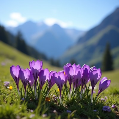 Purple crocuses on green mountain meadow
