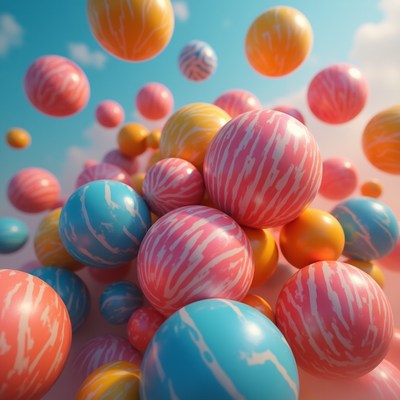 Colorful Striped Balloons Floating in Sky