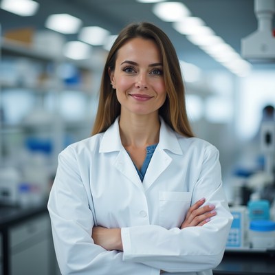 Smiling woman in lab coat