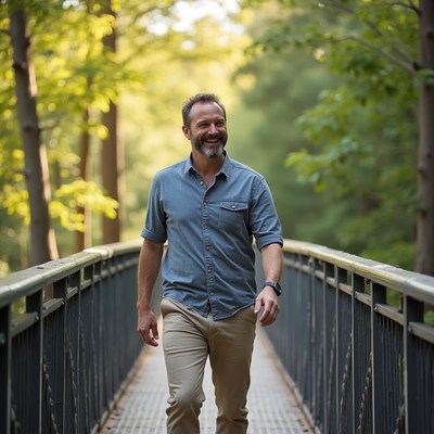 Man walking on forest bridge