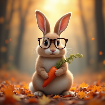 Cute Bunny with Carrot in Autumn Forest