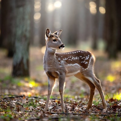 Baby deer in sunlit forest