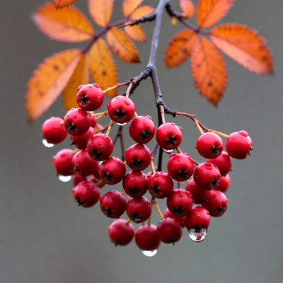 Red Mountain Ash Berries with Dew