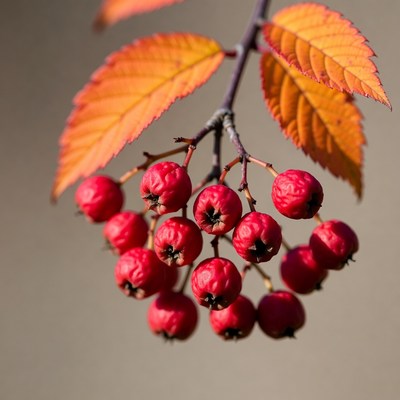 Red Mountain Ash Berries on Autumn Leaves