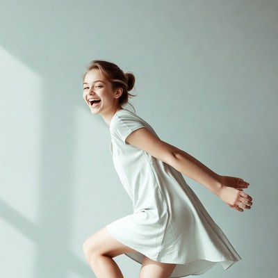 Young woman laughing and jumping joyfully