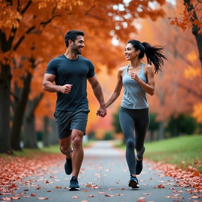 Couple jogging hand-in-hand autumn forest