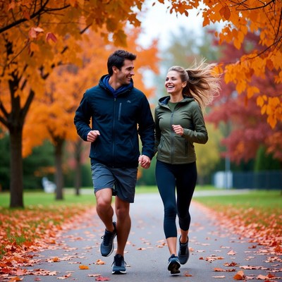 Couple jogging through autumn trees