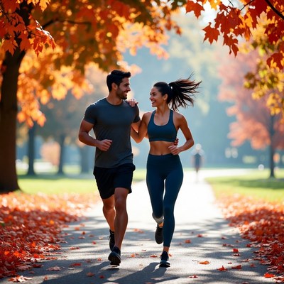 Couple jogging autumn path