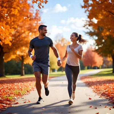 Couple jogging hand-in-hand autumn path